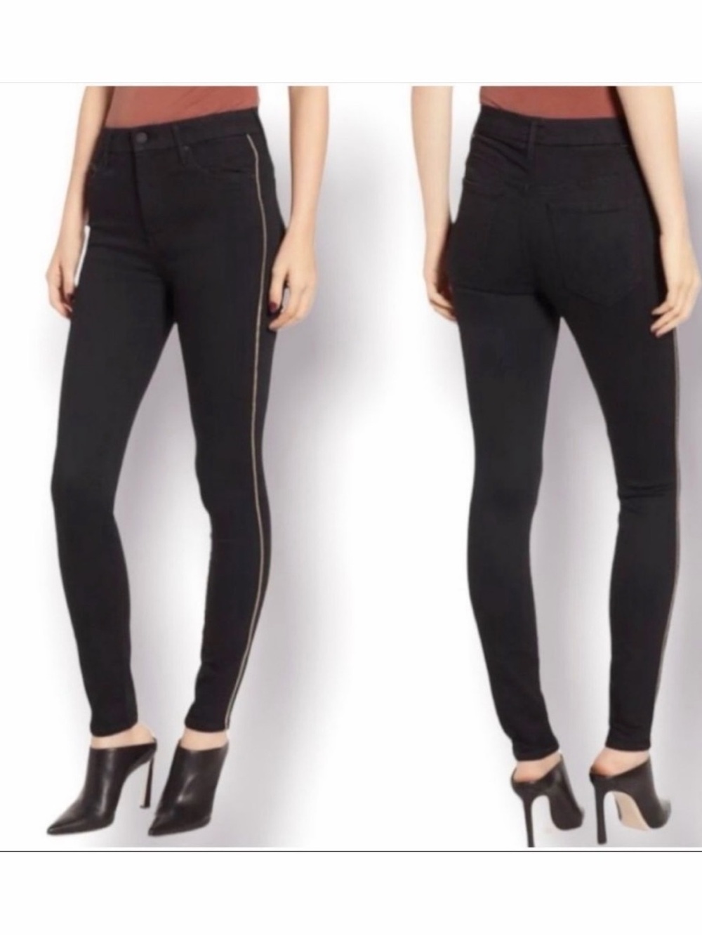 MOTHER High Waisted Looker Black Skinny Jeans with Side Stripe